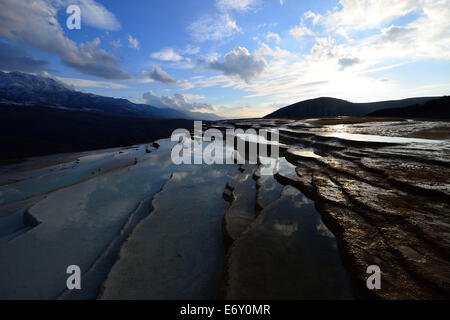 Iran, Mazandaran, Terraced Hot Springs on Sunset in Badab-e Surt Hot Springs in Mazandaran Province Stock Photo