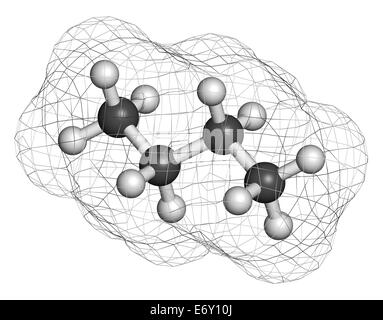 Butane hydrocarbon molecule. Commonly used as fuel gas, alone or combined with propane (LPG, liquified petroleum gas). Atoms are Stock Photo