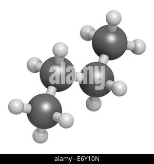 Butane hydrocarbon molecule. Commonly used as fuel gas, alone or combined with propane (LPG, liquified petroleum gas). Atoms are Stock Photo