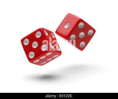 Red Dice in Air Rolling with Shadows Isolated on White Background. Stock Photo