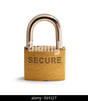 Brass Security Padlock Closed and Isolated on White Background. Stock Photo