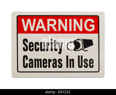 Red, Black and White, Warning Security Camera Sign Isolated on White Background. Stock Photo