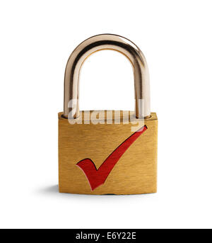 Metal Padlock with Red Check Mark Isolated on White Background. Stock Photo
