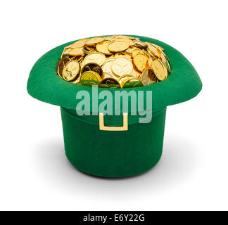 Green Felt Top Hat Upside Down Filled Up with Gold Coins Isolated on White Background. Stock Photo