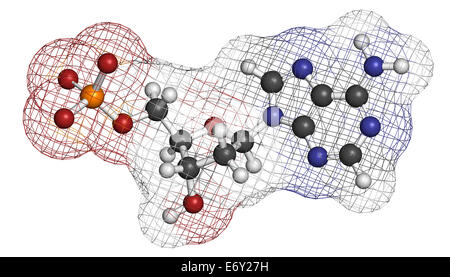 Deoxyadenosine monophosphate (dAMP) nucleotide molecule. DNA building block. Atoms are represented as spheres with conventional  Stock Photo