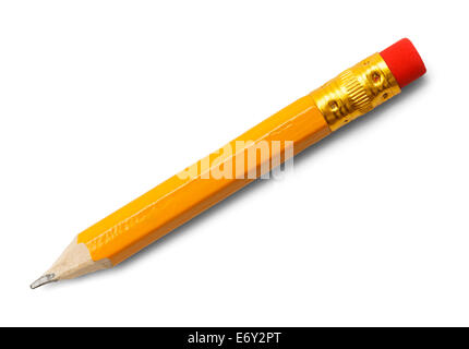 Short Yellow Number 2 Pencil with Red Eraser Isolated on White Background. Stock Photo