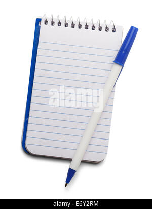 Small Spiral Note Pad with Blue Pen Isolated on White Background. Stock Photo