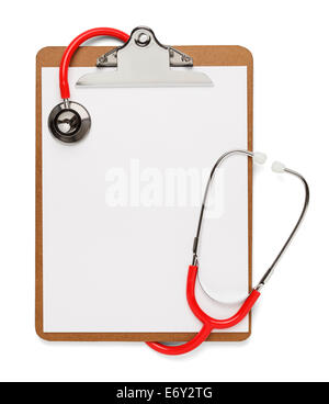 Clipboard with Red Stethoscope wrapped around it with blank copy space isolated on white. Stock Photo
