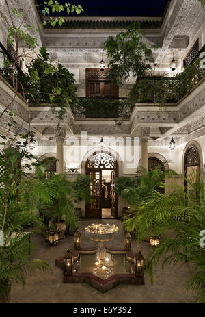 Illuminated Courtyard, Villa des Orangers, Marrakech, Morocco Stock Photo
