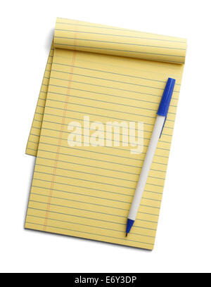 Yellow line notepad with pen on top isolated on a white background. Stock Photo