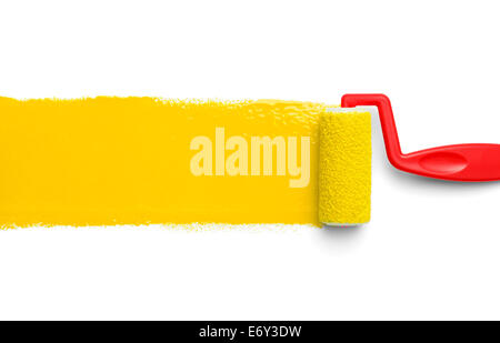 Plastic Paint Roller with Yellow Paint Isolated on White Background. Stock Photo