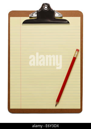 Clipboard with blank line paper and red pencil on isolated background. Stock Photo