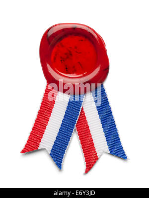Red Wax Seal with American Ribbon Isolated on White Background. Stock Photo