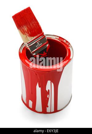 Used Red Paint Can and Brush Isolated On White Background. Stock Photo