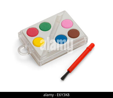 Plastic set of paints with red brush. Isolated on White Background. Stock Photo