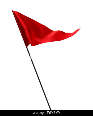 Red Flag Waving in the Wind on Pole Isolated on White Background. Stock Photo