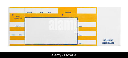 Blank Yellow Concert Performance Ticket Isolated on White Background. Stock Photo