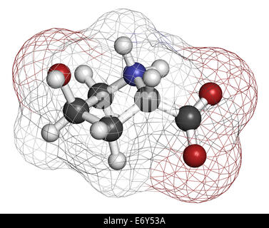 Hydroxyproline (Hyp) amino acid. Essential component of collagen. Atoms are represented as spheres with conventional color codin Stock Photo