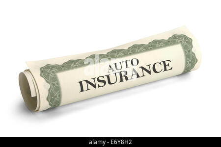 Certificate of Auto Insurance Rolled Up Isolated on White Background. Stock Photo