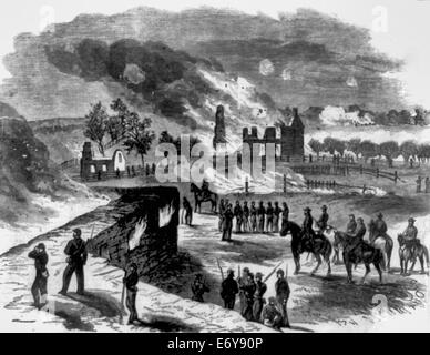 The Battle of Antietam - The burning of Mr. Mumma's House and Barns - USA Civil War Stock Photo