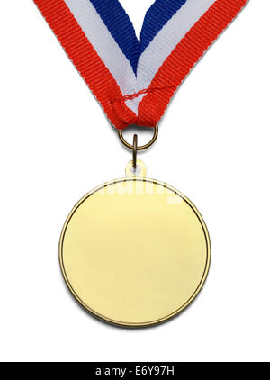 Large Gold Medal with Copy Space and Ribbon Isolated on White Background. Stock Photo