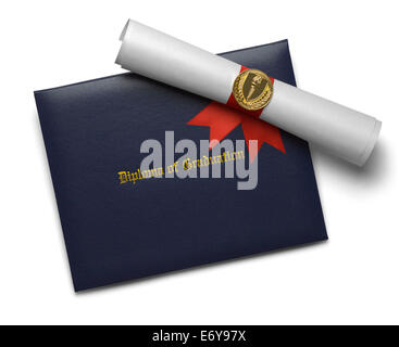 Blue Diploma of Graduation Cover with Degree Scroll and Torch Medal Isolated on White Background. Stock Photo