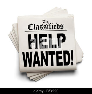 News Paper Classifieds Section Help Wanted Headline Isolated on White Background. Stock Photo