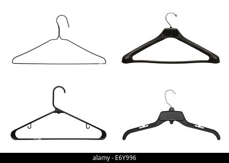 Four Black Clothes Hangers Isolated on White Background. Stock Photo