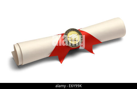 Degree Scroll with Red Ribbon and Diploma Medal Isolated on White Background. Stock Photo