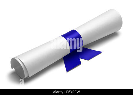 Diploma tied with blue ribbon on a white isolated background. Stock Photo