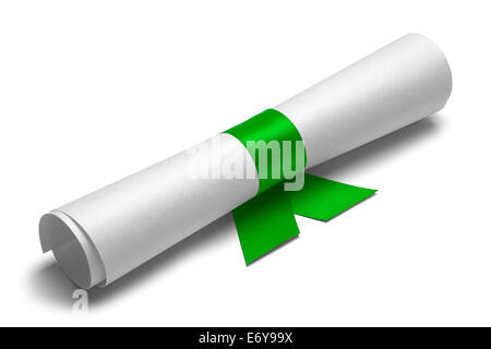 Diploma tied with green ribbon on a white isolated background. Stock Photo