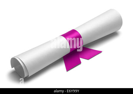 Diploma tied with pink ribbon on a white isolated background. Stock Photo