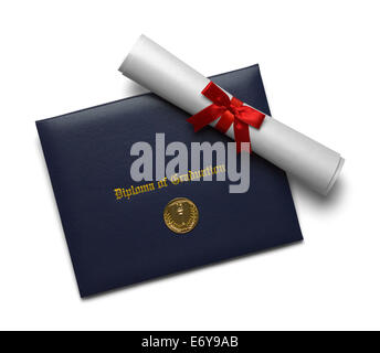 Blue Diploma of Graduation Cover with Scroll and Medal Isolated on White Background. Stock Photo