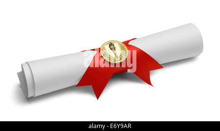 Diploma with Red Ribbon and Gold Torch Medal Isolated on White Background. Stock Photo