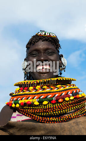 Turkana woman wearing traditional Turkana clothing. Stock Photo