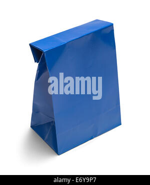 Folded Blue Paper Bag Lunch with Copy Space Isolated on White Background. Stock Photo