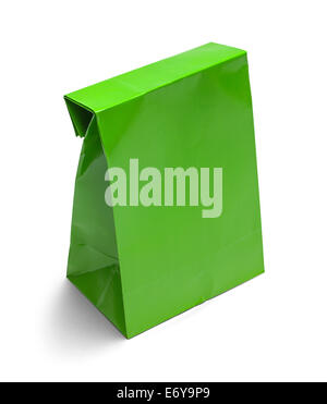Folded Green Paper Bag Lunch with Copy Space Isolated on White Background. Stock Photo