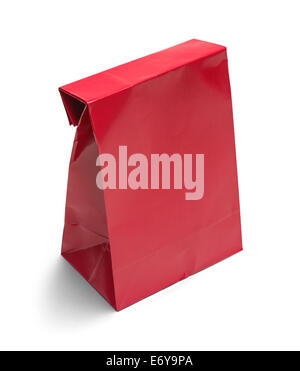 Folded Red Paper Bag Lunch with Copy Space Isolated on White Background. Stock Photo