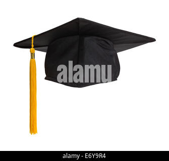 Black Graduation Hat with Gold Tassel Isolated on White Background. Stock Photo