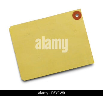 Old Wide Blank Yellow Tag Isolated on White Background. Stock Photo