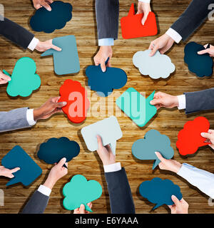 Aerial View of Business People Holding Speech Bubbles Stock Photo