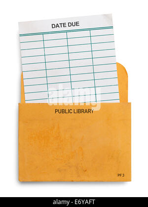 Blank public Library Book Check Out Card Due Date slip in yellow envelope Isolated on White Background. Stock Photo
