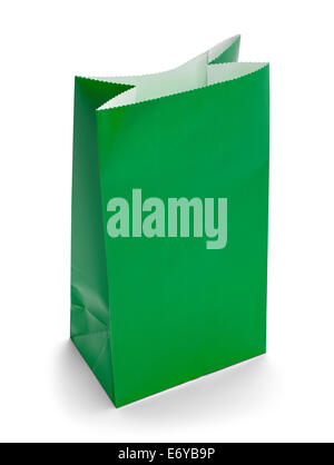 Green Paper Bag Lunch with Copy Space Isolated on White Background. Stock Photo