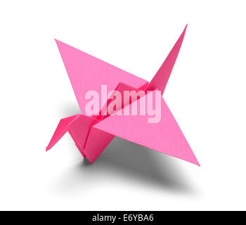 Pink Origami Paper Crane Isolated on White Background. Stock Photo
