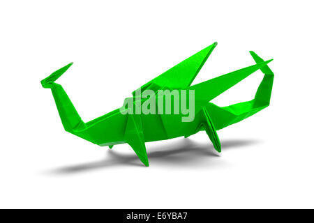 Green Paper Origami Dragon Isolated on White Background. Stock Photo