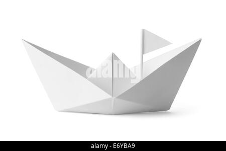 White Paper Boat With Flag Isoalted on White Background. Stock Photo