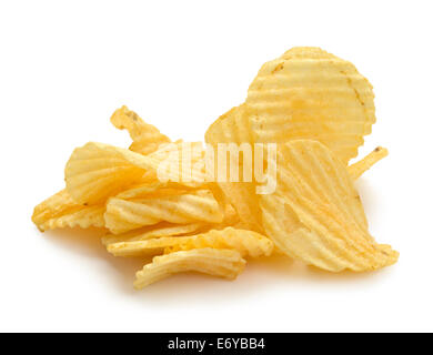 Pile of Wrinkled Wavy Potato Chips Isolated on White Background. Stock Photo