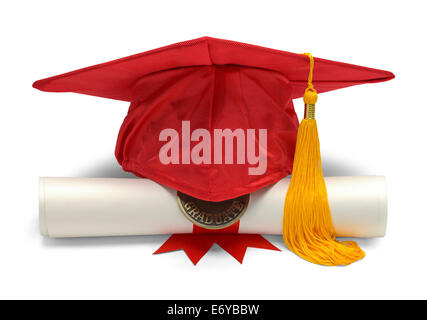 Graduation Hat and Diploma Front View Isolated on White Background. Stock Photo