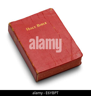 Well Used Bible with Red Pages Isolated on White Background. Stock Photo
