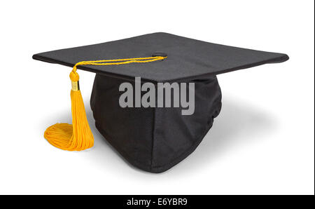 Black Graduation Hat with Gold Tassel Isolated on White Background. Stock Photo